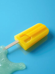Bright yellow ice pop with missing chunk against blue surface, horizontal, single object