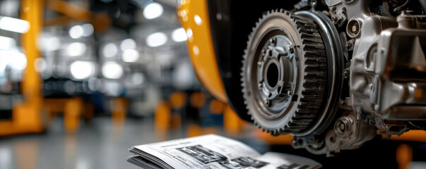 Fototapeta premium Engine component in garage with manual on floor, showcasing repair work