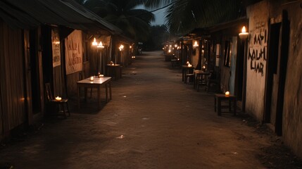 Obraz premium Nighttime Village Street Scene with Candlelit Tables
