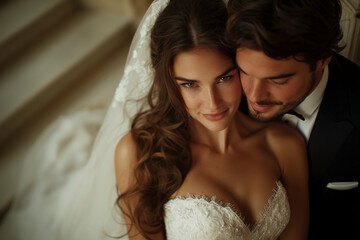 Fototapeta premium Elegant Bride and Groom: A Romantic Wedding Portrait