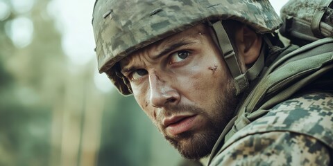 Obraz premium Intense Soldier Portrait in Camouflage Gear During Outdoor Operation