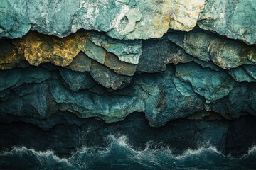 Layered rock formations meet the ocean's waves, creating a dramatic teal and gold landscape.