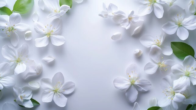 Blossoming apple tree flowers and verdant leaves framing empty white background for design composition