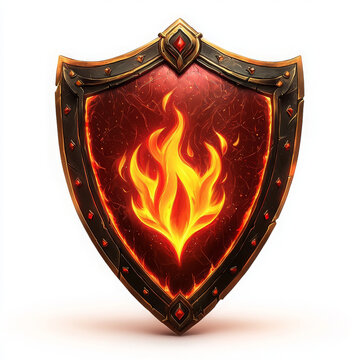 Fiery shield design with glowing flame symbol, perfect for game assets