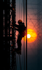 Climber working on telecommunications tower at sunset