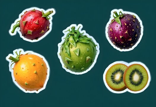 exotic fruit stickers such as pitayas and kiwis