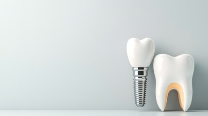 Dental Implant Model and Tooth Structure on Light Grey Background for Dental Practice, Oral Health Promotion, and Prosthetic Education Purposes
