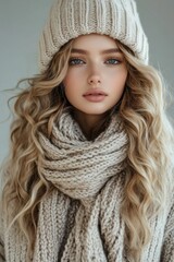 Portrait of a blonde woman wearing a cozy winter hat and scarf