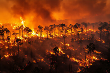 Forest fire. Massive wildfires, burning flames with smoke and black silhouette of forest trees. Aerial drone top view