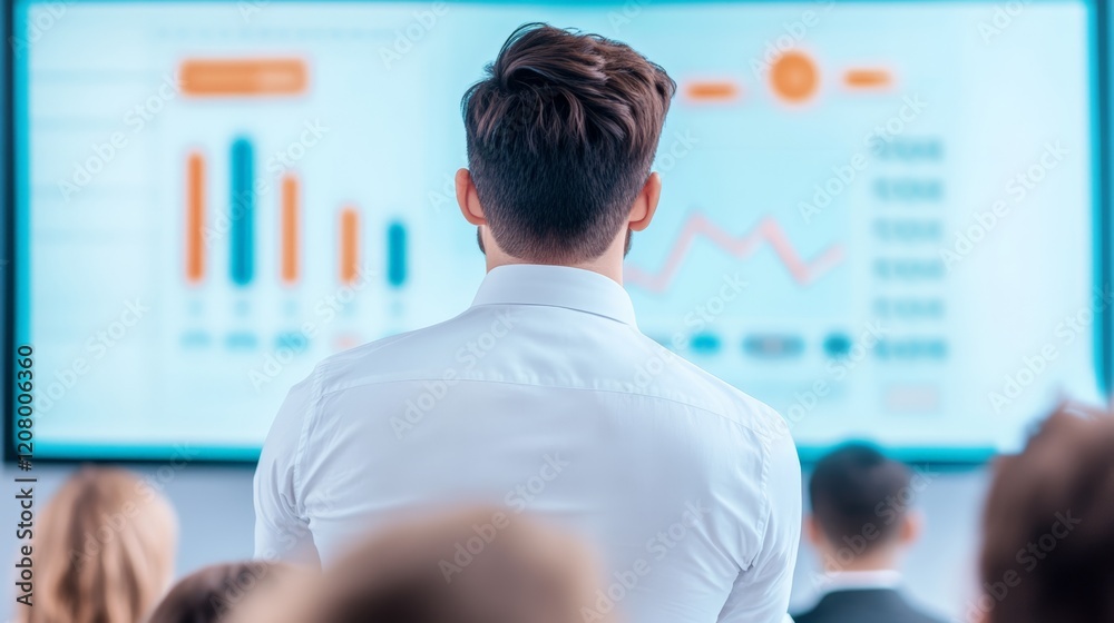 Poster Businessman standing in front of a large screen showing charts and graphs, presenting growth strategy to investors during a conference meeting