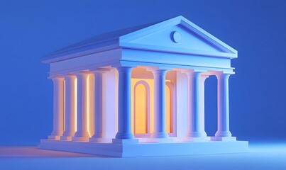 Obraz premium Illuminated temple, blue background, 3D render, financial concept