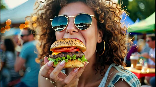 Savoring a mouthwatering burger while soaking up the lively atmosphere of an outdoor festival with friends under the warm summer sun