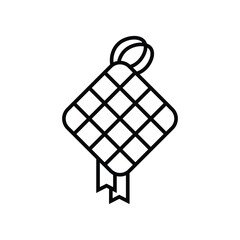 Traditional woven ketupat with decorative ribbons hangs against a plain background