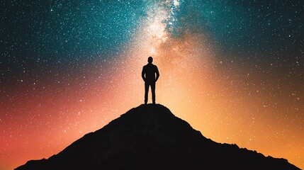 Fototapeta premium A silhouette of a person standing on a mountain under a starry night sky.
