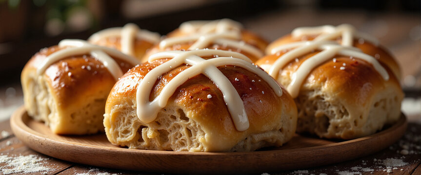 Warm hot cross buns with icing on rustic wooden platter, bakery ambiance