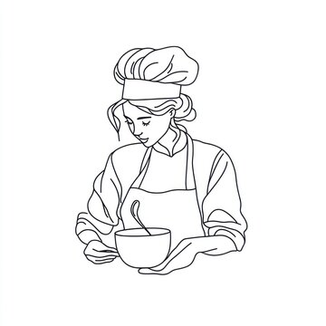 recommend clip art: Chef with hat stirs bowl in cooking line drawing for menu design or food illustration