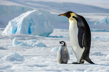 Fototapeta premium Emperor Penguin and Chick in Antarctic Landscape