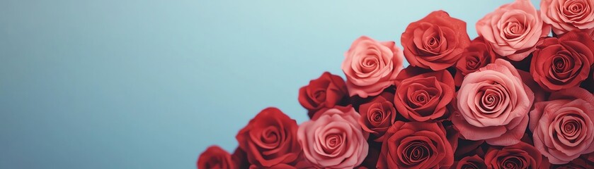 Obraz premium A vibrant array of multicolored roses against a soft blue background.