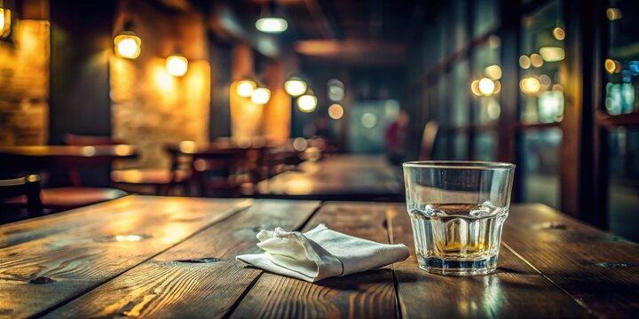 A single glass of amber liquid sits on a rustic wooden table in a dimly lit restaurant