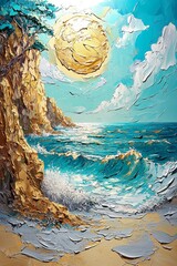 Vibrant seascape artistry coastal cliffs oil painting bright sunlight scenic view nature's beauty