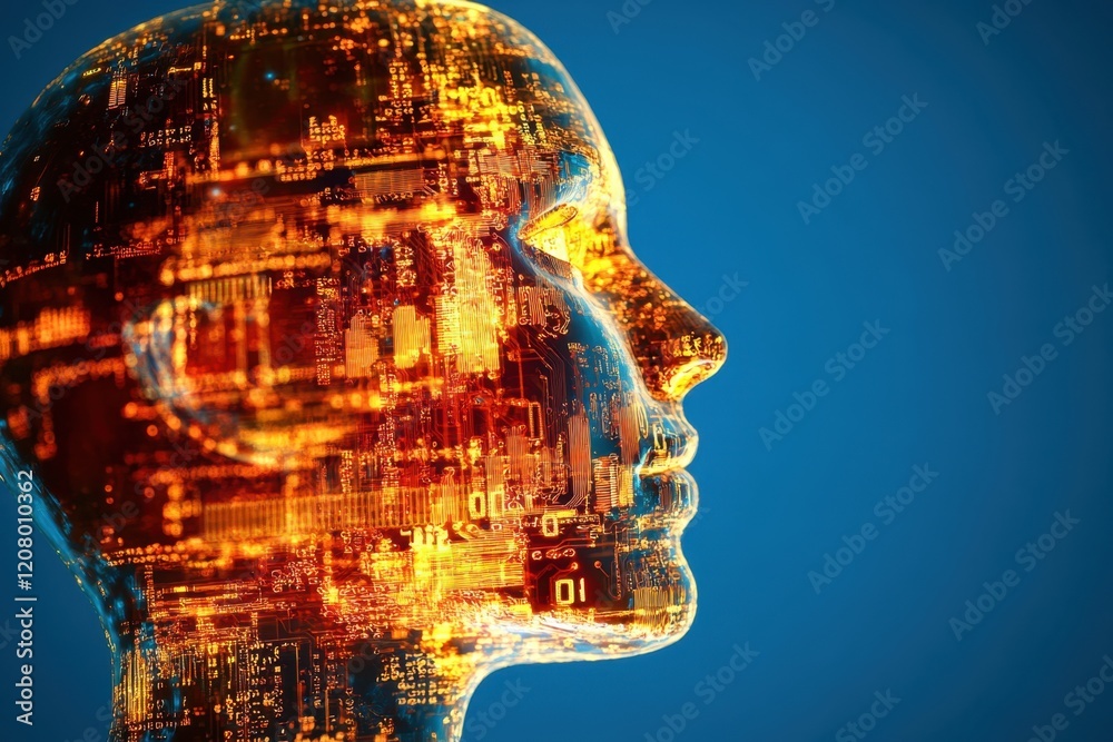 Poster abstract human head profile made of circuit board, binary code, and digital technology concepts with