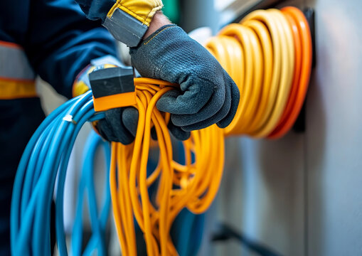 Electrician handling colorful extension cords with care