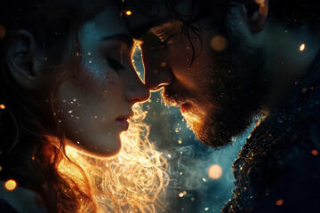Obraz premium Couple in Love, Intimate Portrait, Fantasy Romance, Magic, Sparkle, Night, Moody Atmosphere, Fine Art Photography