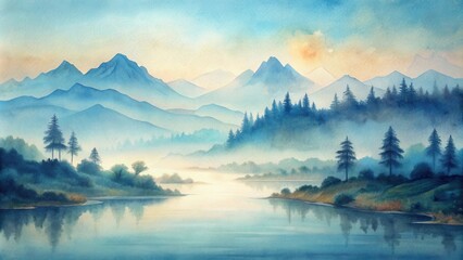 Serene Misty Mountain Lake at Sunrise with Silhouetted Pine Trees