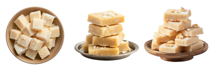 Overhead shot of kaju katli placed geometrically on a transparent background