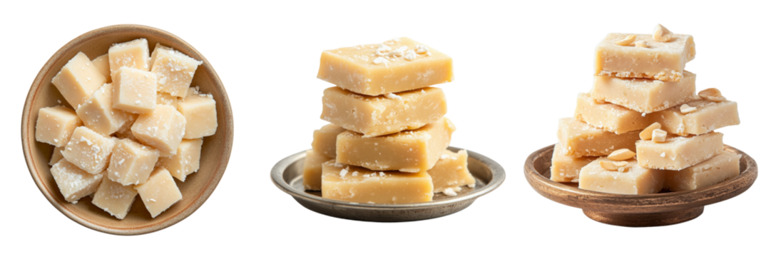 Overhead shot of kaju katli placed geometrically on a transparent background