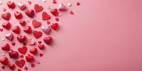 Romantic Red and Pink Hearts Scattered on a Pink Background