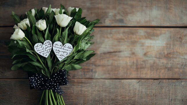 Beautiful white rose bouquet with heartfelt notes on wooden background.