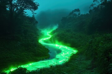 Obraz premium Glowing Green River Flows Through Lush Forest At Night