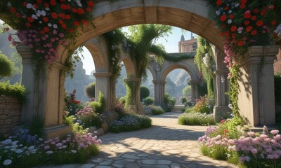 Fototapeta premium Archways adorned with flowers and creepers, blending into the surroundings , temple, creepers, arches