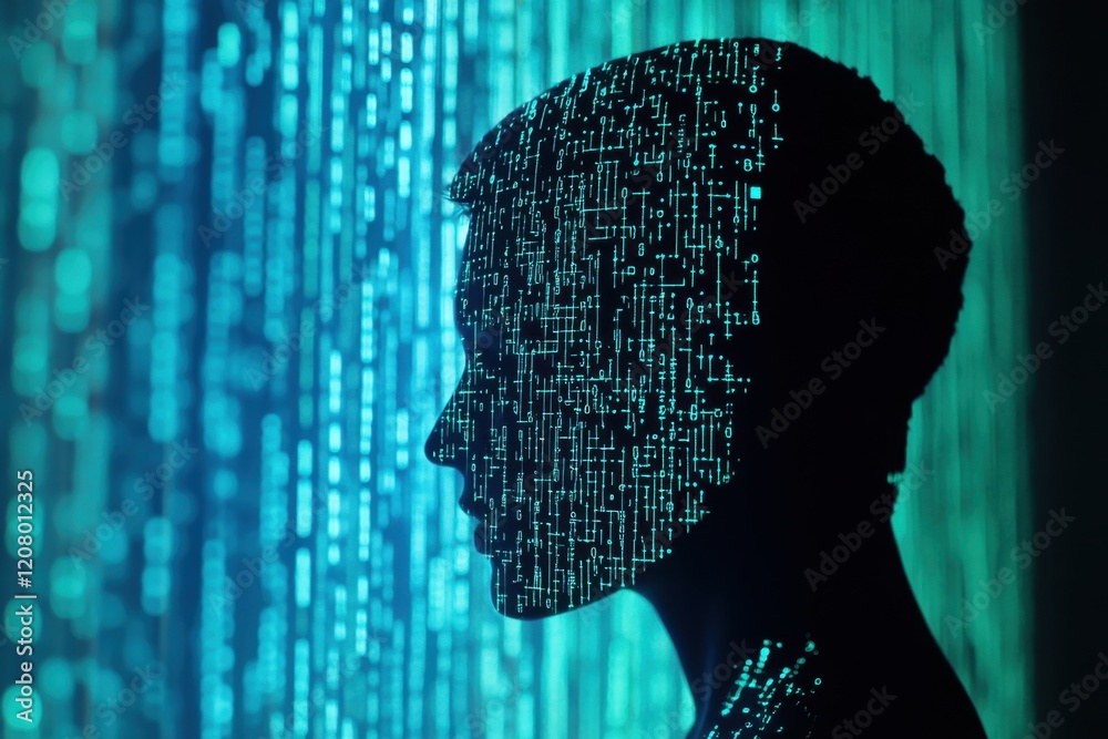 Poster artificial intelligence concept with a digital human head silhouette made of a circuit board and bin