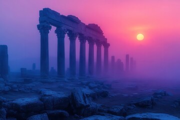 Obraz premium ancient temple ruins at twilight with stone columns silhouetted against purpleorange sky mystical fog rolling through