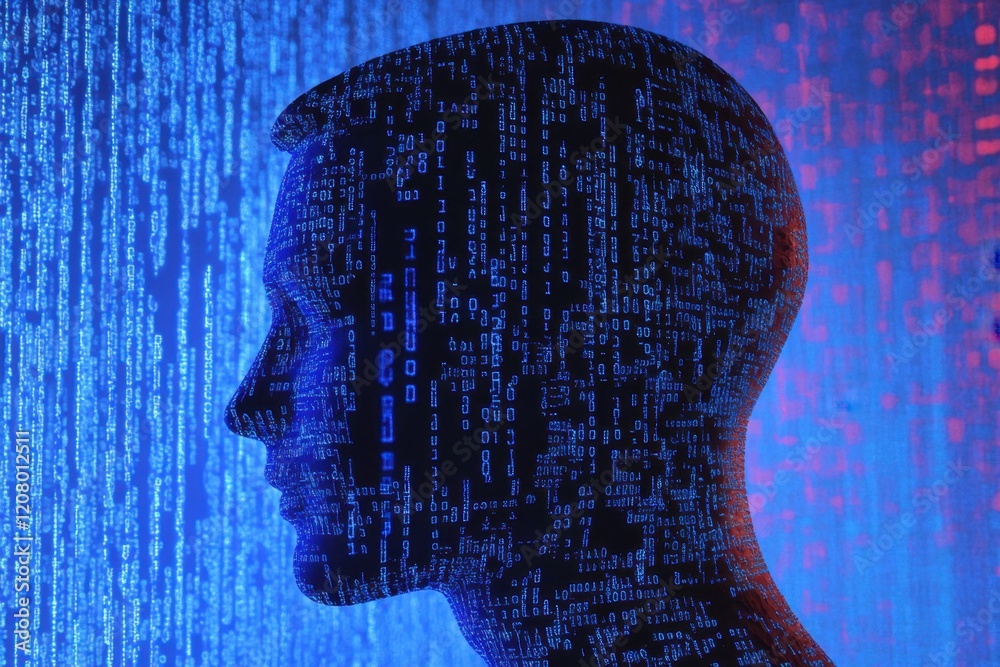 Poster abstract human head profile made of circuit board and binary code on a blue background, an artificia