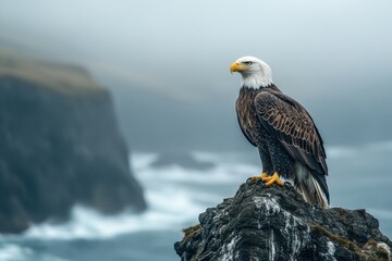 Fototapeta premium Majestic bald eagle perched on a rocky outcrop overlooking a foggy ocean.