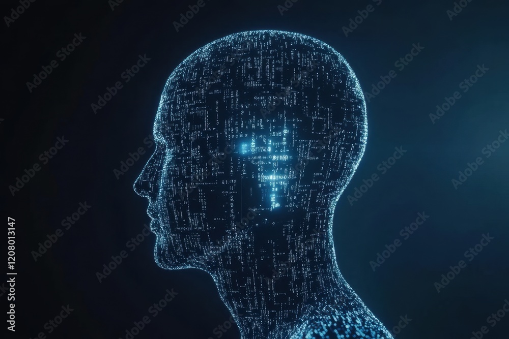 Poster artificial intelligence and machine learning background concept with a digital human head profile ma