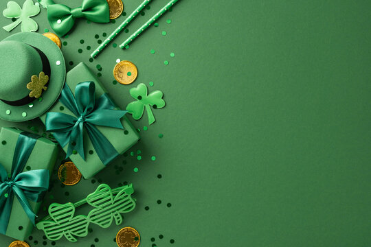 Festive green St Patrick's Day themed arrangement with gifts, shamrocks, and party decorations