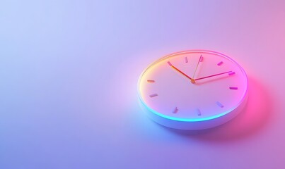 Neon clock, minimal design, pastel background, time concept, website banner