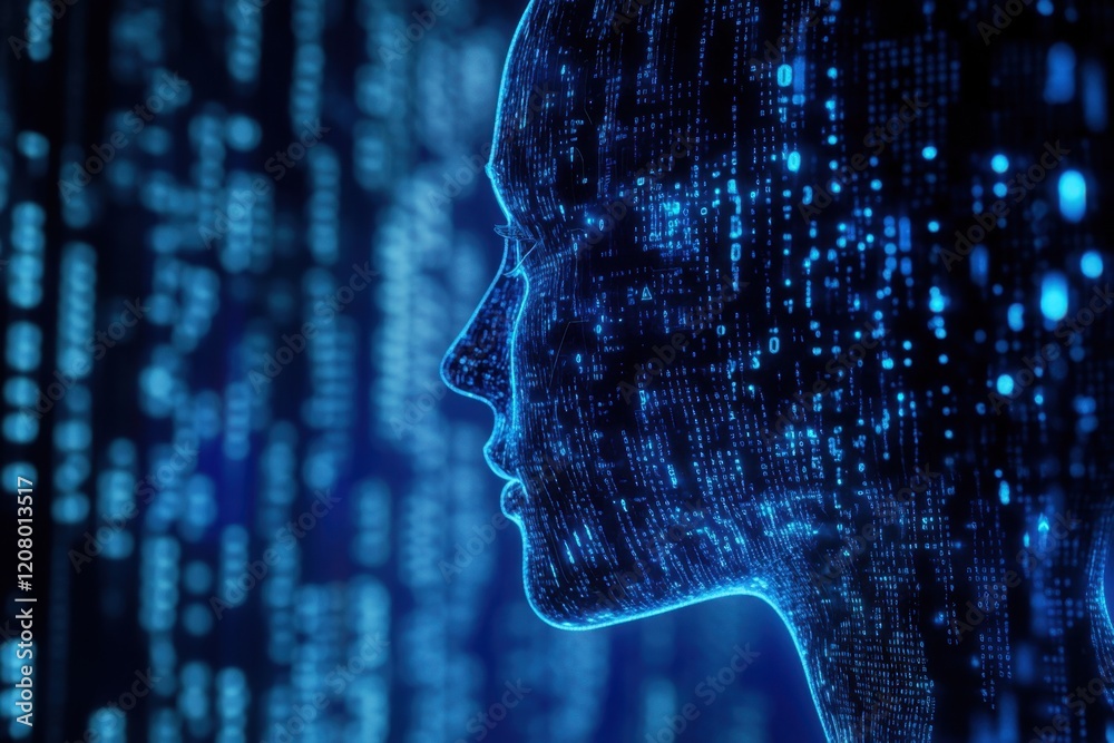 Poster abstract digital human profile made of circuit board and binary code on a blue background, a concept