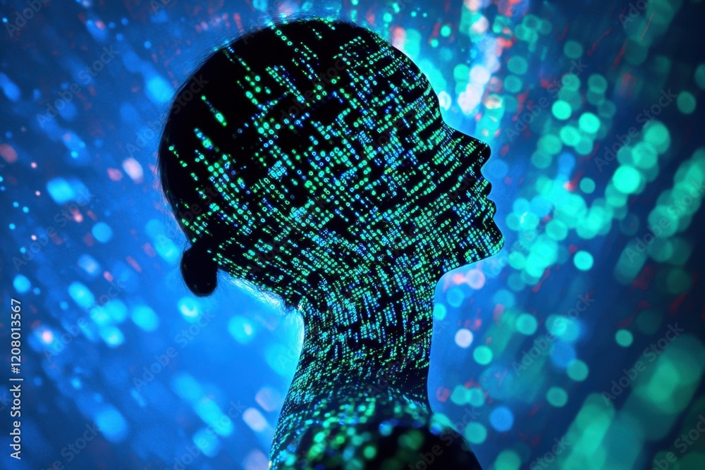 Poster abstract digital human profile made of circuit board and binary code on a blue background, a concept