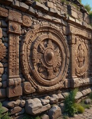 Obraz premium Ancient stone wall with intricate carvings echoing mysterious sounds, ancient, eerie
