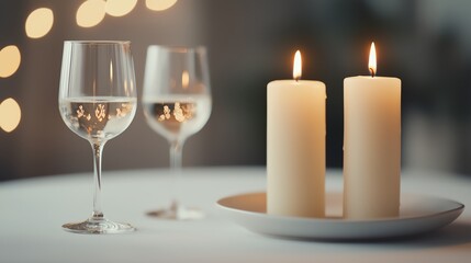 Elegant candles and wine glasses set for a romantic dinner ambiance.