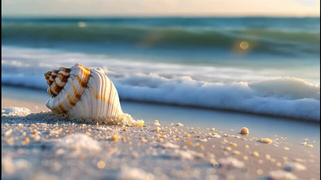 A beautiful shell lies peacefully on the sandy beach, while the waves gently crash nearby, creating a serene atmosphere at sunset
