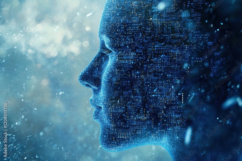 Poster abstract human head profile made of circuit board, binary code, and digital technology concepts with
