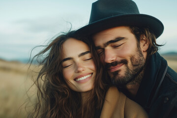 Tender Embrace: A Couple's Intimate Moment in Nature's Warm Embrace. Evocative portrait capturing love, connection, and shared joy. Perfect for romance, relationships, and emotional themes.