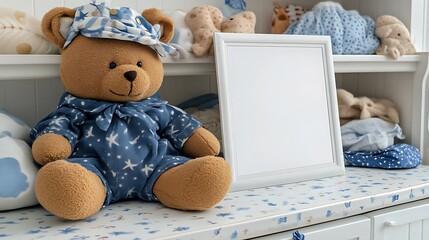 Teddy Bear in Pajamas Sits Near Blank Frame