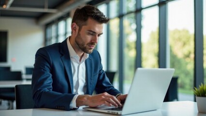 Focused Businessman Working on Laptop in Modern Office with Natural Light. World Entrepreneurs’ Day. Tech Startups. Co-Working Spaces. 